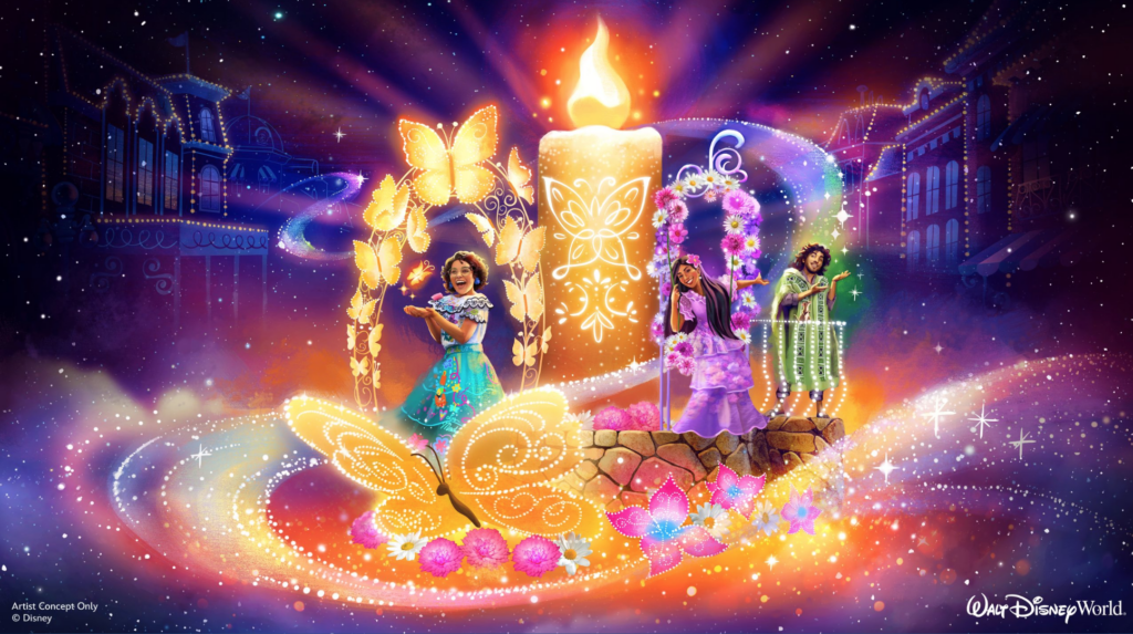 The Magic Kingdom night parade Disney Starlight artist concept with Encanto characters.