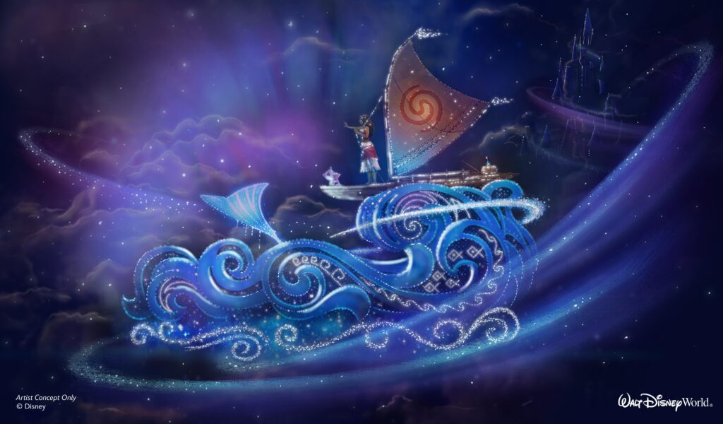 Moana parade float concept art in the Disney Starlight parade. Moana's boat on top of swirly, glowy waves.