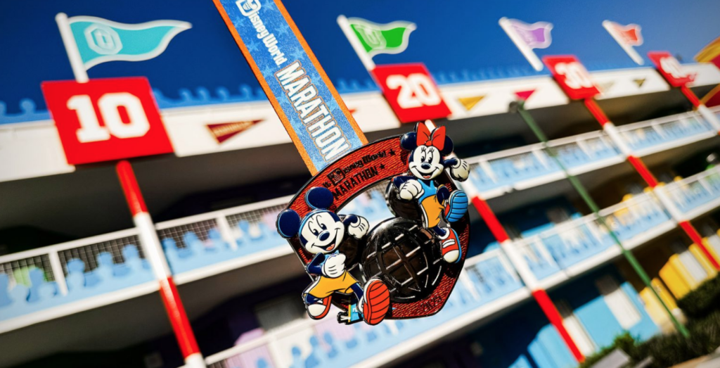 The Walt Disney World Marathon medal 2025 with Mickey and Minnie running on it.