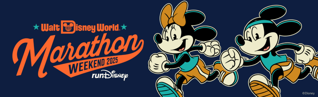 A vintage, collegiate, stylized Mickey and Minnie run toward the Walt Disney World Marathon Weekend 2025 runDisney logo.