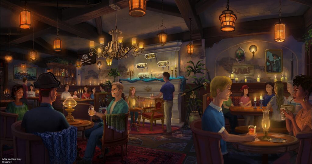 Concept art of the Magic Kingdom pirates lounge shared at the Brazil D23 event. A dark interior with glowy lights and various seating styles.