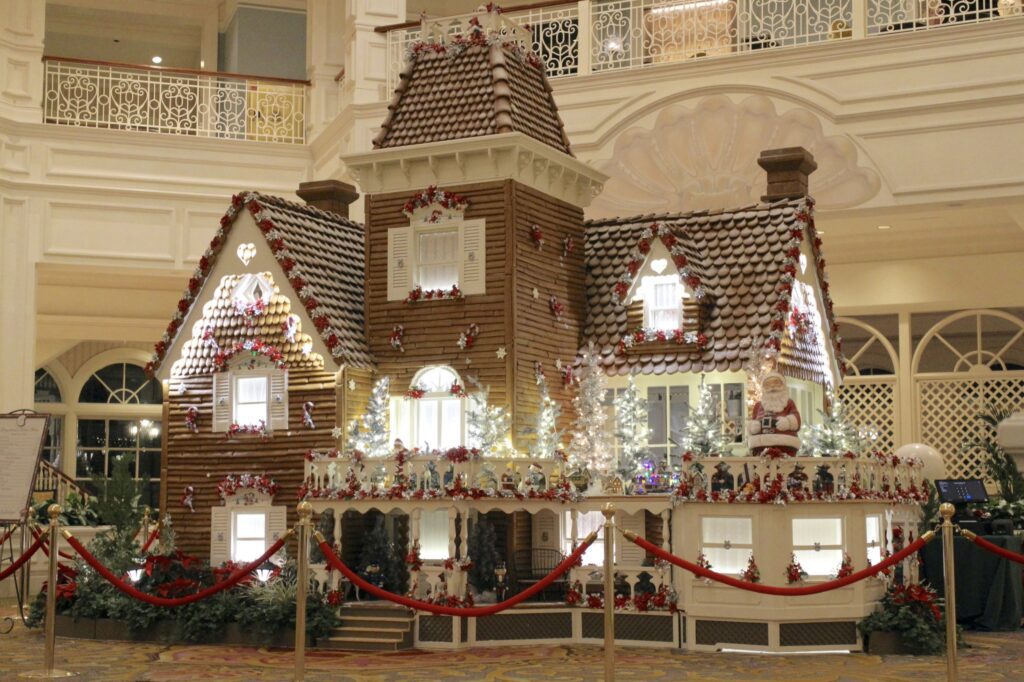 Gingerbread house in the white Grand Floridian lobby.