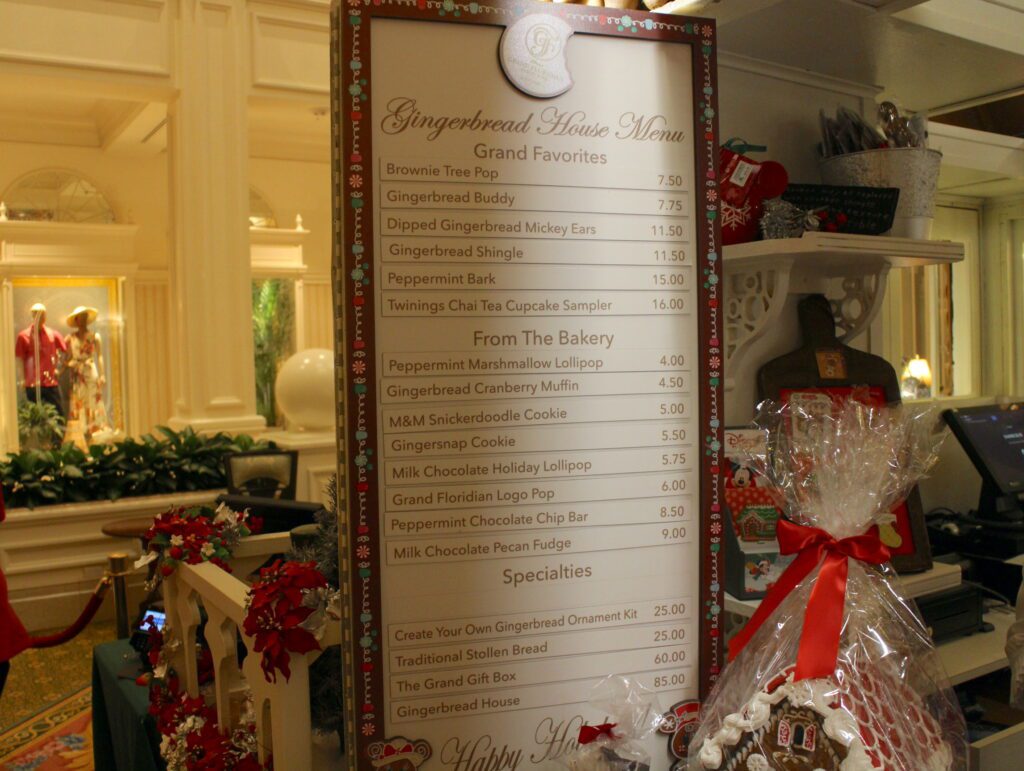 The Grand Floridian gingerbread house menu list with treats and prices.