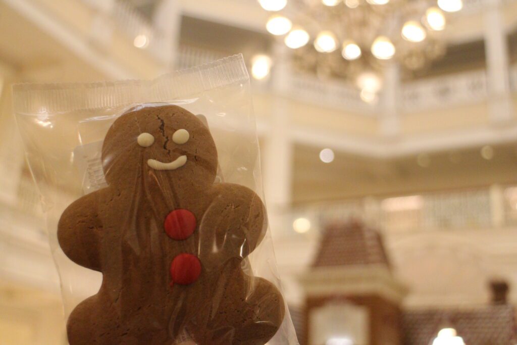 A gingerbread man cookie in the Grand Floridian, bright lobby. 