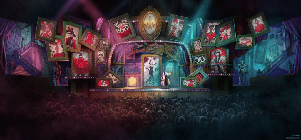 Hollywood Studios Disney Villains Show concept art with Cruella on stage in front of many images of her style of fashion.