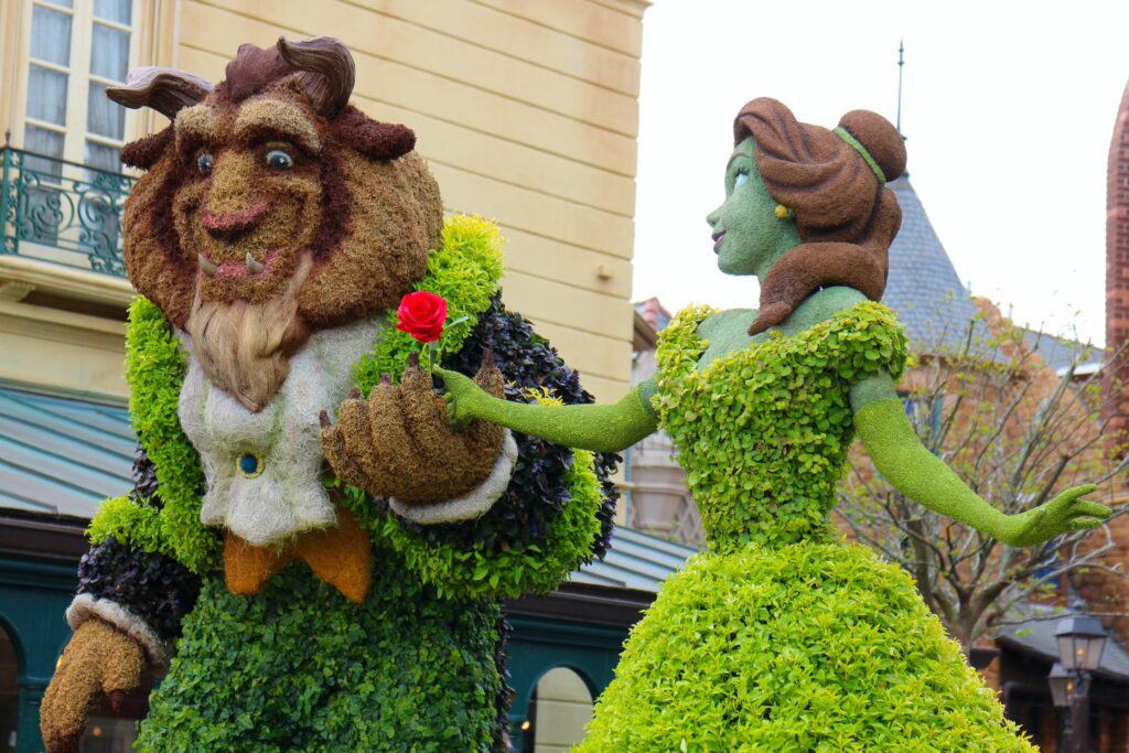 Beauty and the Beast topiaries at the Epcot flower festival.