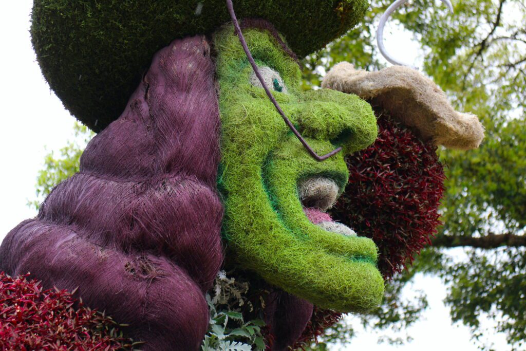 A close up of the Captain Hook topiary reveals plants and natural fibers used to craft the infamous character.