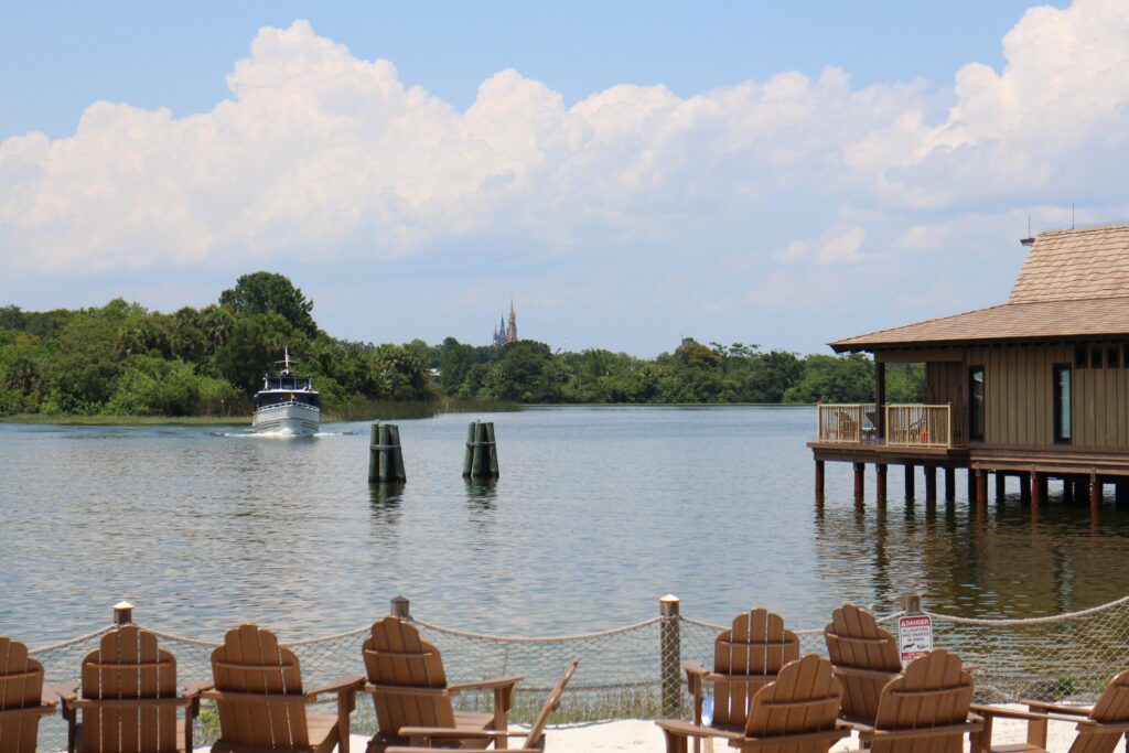 Views of the Seven Seas Lagoon from the Polynesian on a sunny day.