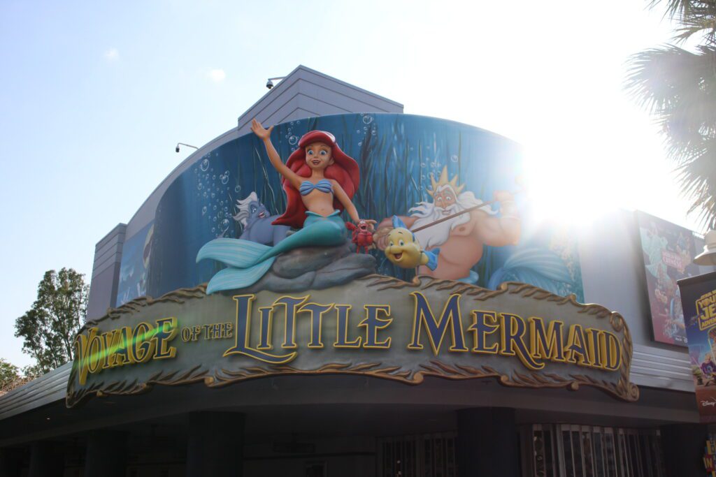 Little Mermaid show marquee with Ariel and King Triton in Hollywood Studios before it changes in 2025.